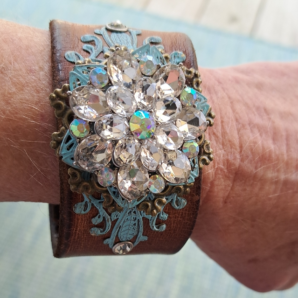 Wexford By Buxton Brown Leather Cuff Bracelet With Rhinestone/Metal Flowerette.